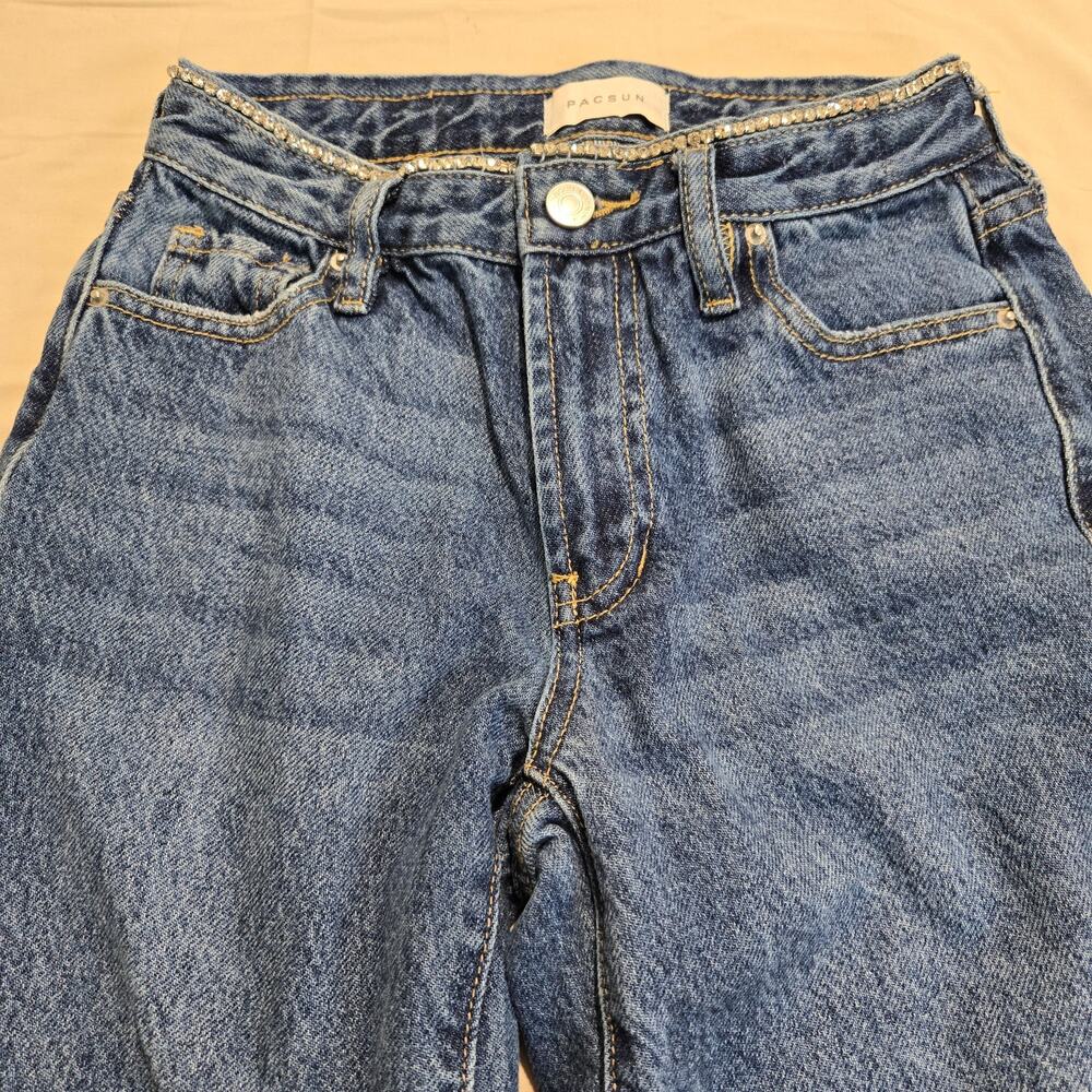 PacSun 90's Straight Jeans Rhinestone Waist Frayed Hem Sz 22 - Picture 2 of 9